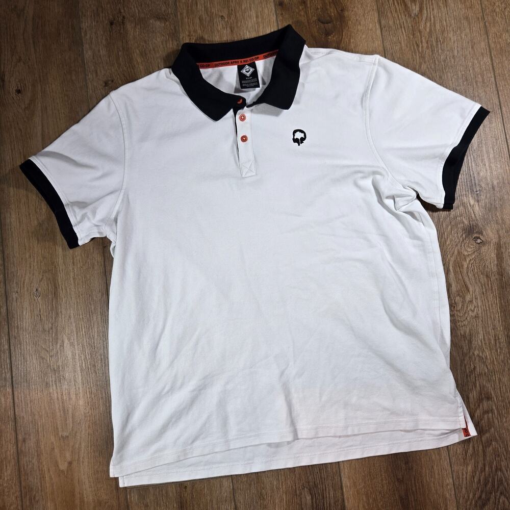 Outdoor Afro REI Co-op Polo Mens XL White Black Trim Golf Tennis Preppy